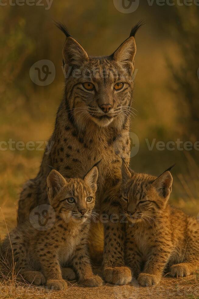 Iberian lynx mother with two cubs resting on dry grass, golden light. photo