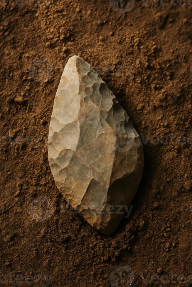 Partially buried Paleolithic hand axe on textured earth. photo