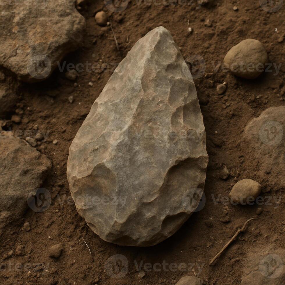 Stone hand axe on rough soil with rocks and natural textures. photo