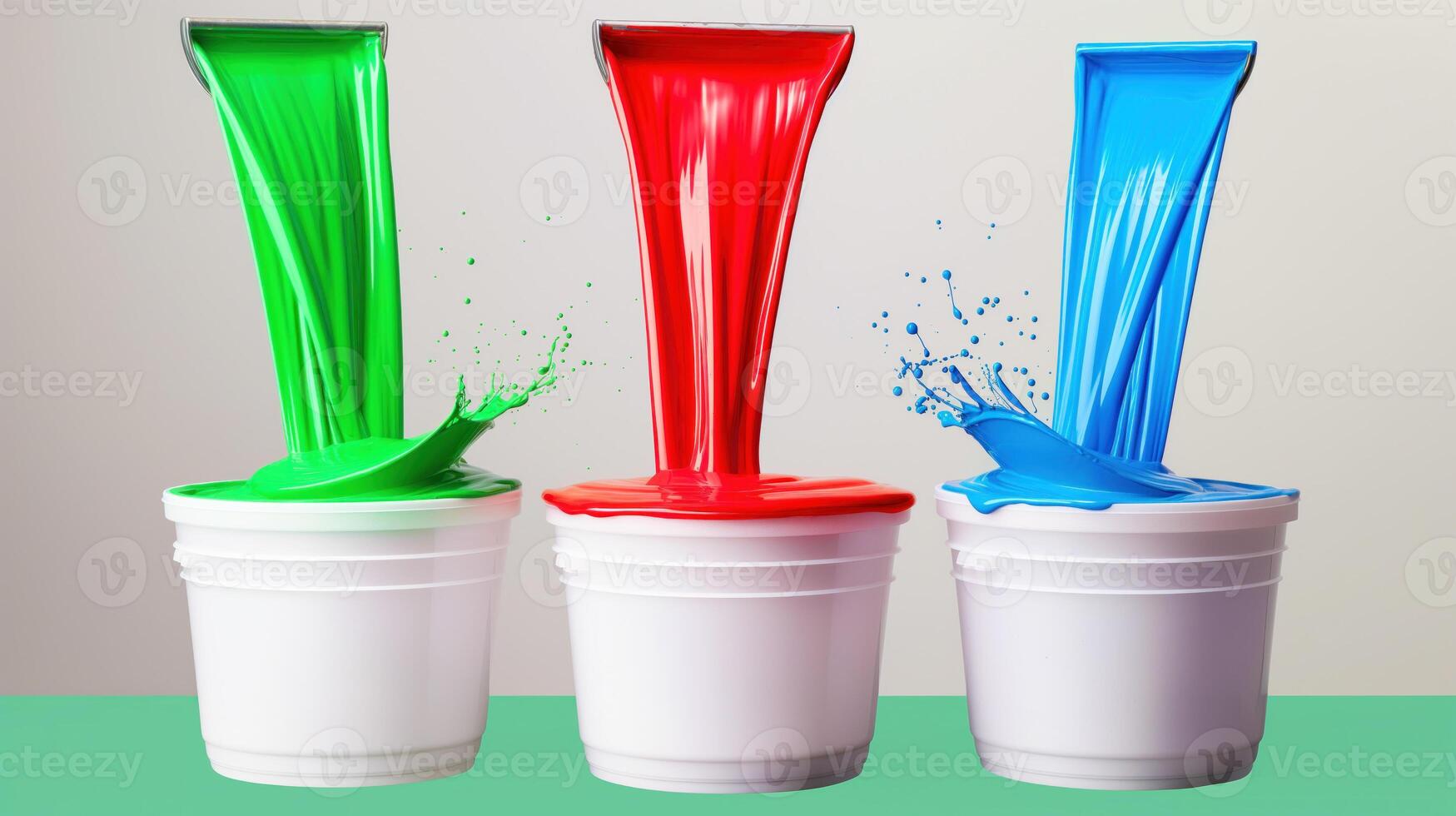 Viscous red, green, and blue paints are being poured into bucket photo
