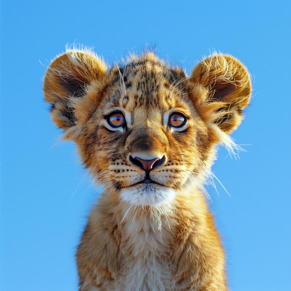 A lion cub looks up at the camera photo