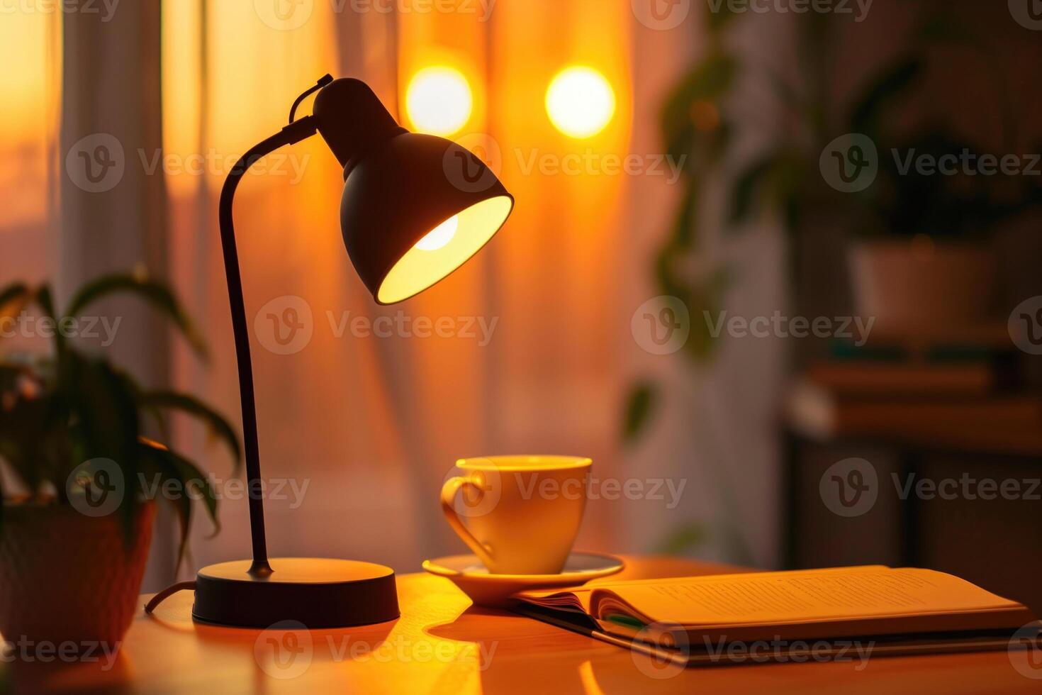 A lamp is on a table next to a cup photo