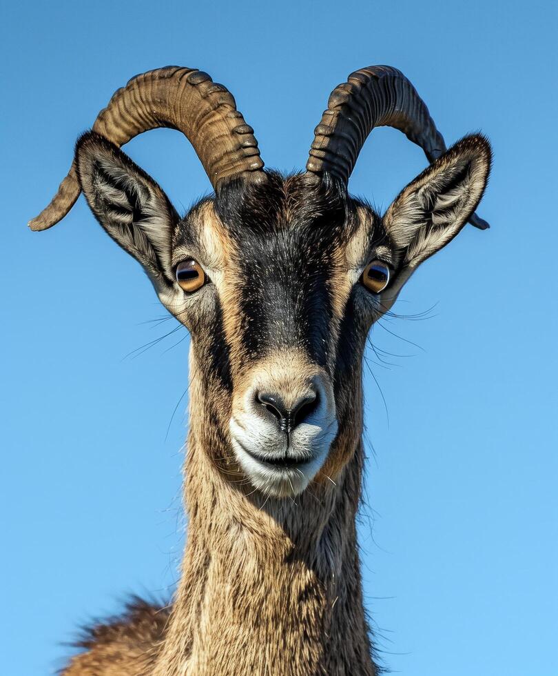 A goat with big horns and a blue sky background photo