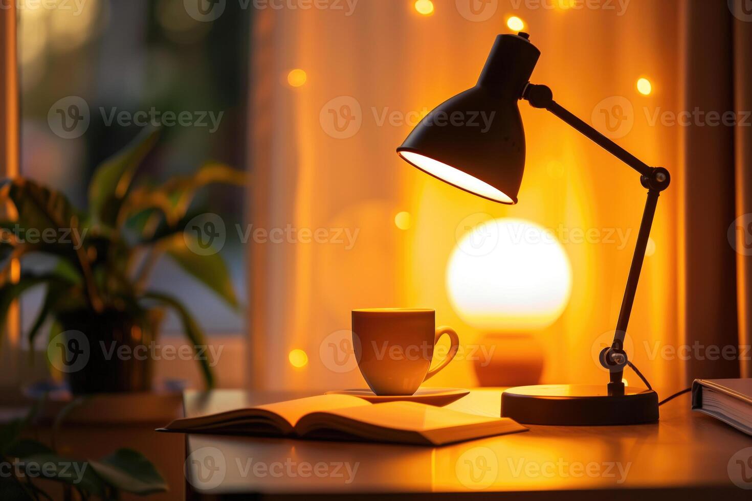 A lamp is on a table next to a book and a cup photo