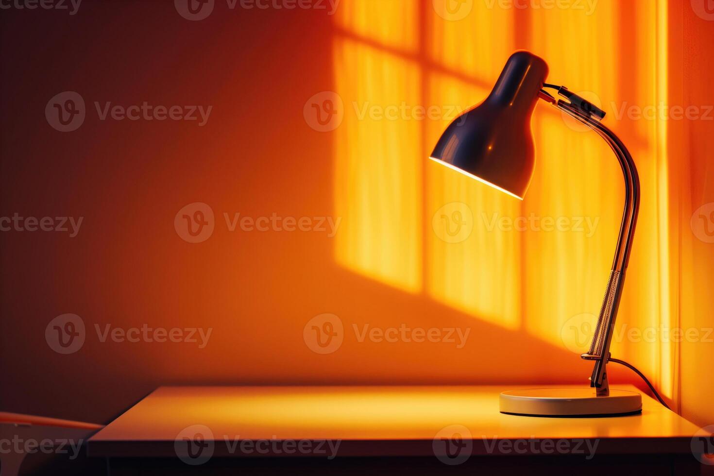 A lamp is on a table with warm light photo