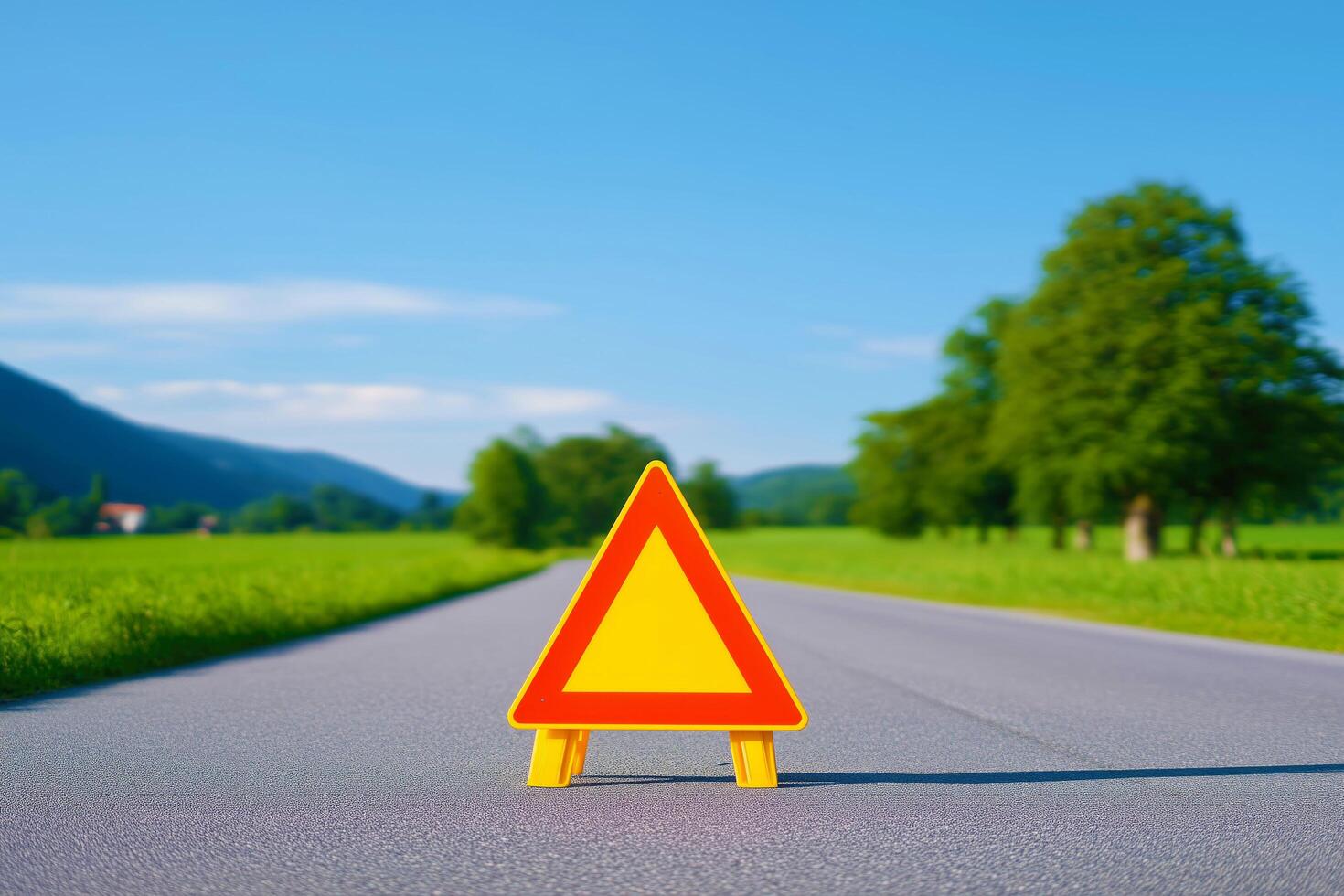 Yellow and red road sign with a triangle on it photo