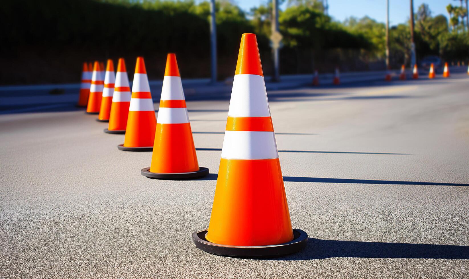 A row of orange and white cones are lined up on the road photo