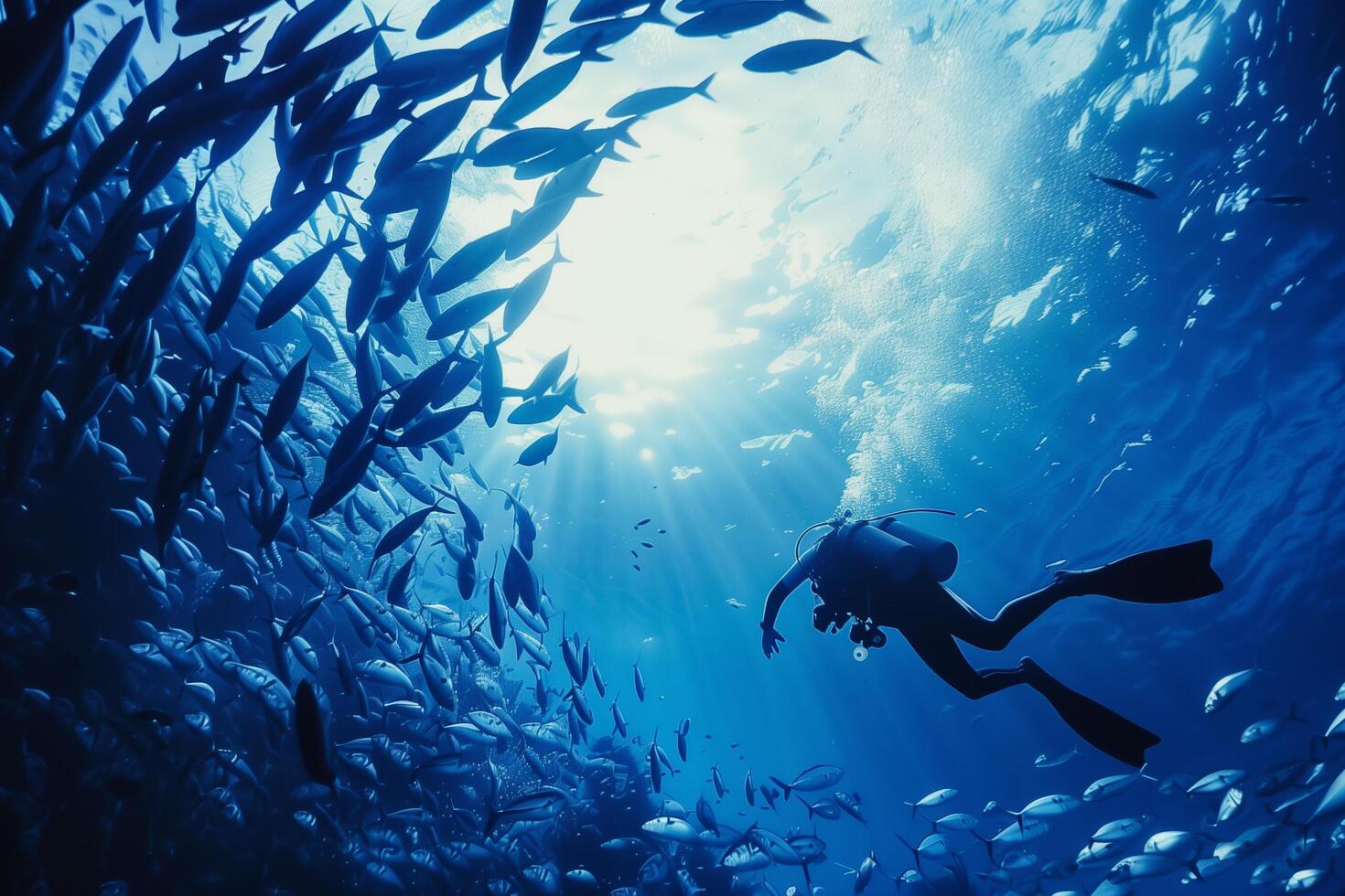 A man is swimming in the ocean with many fish around him photo