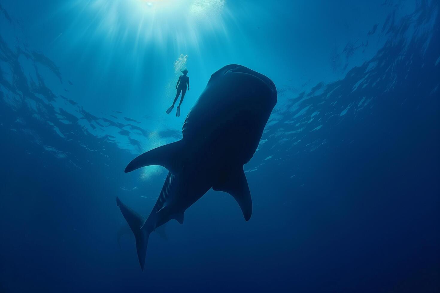 A man is swimming in the ocean next to a whale shark photo