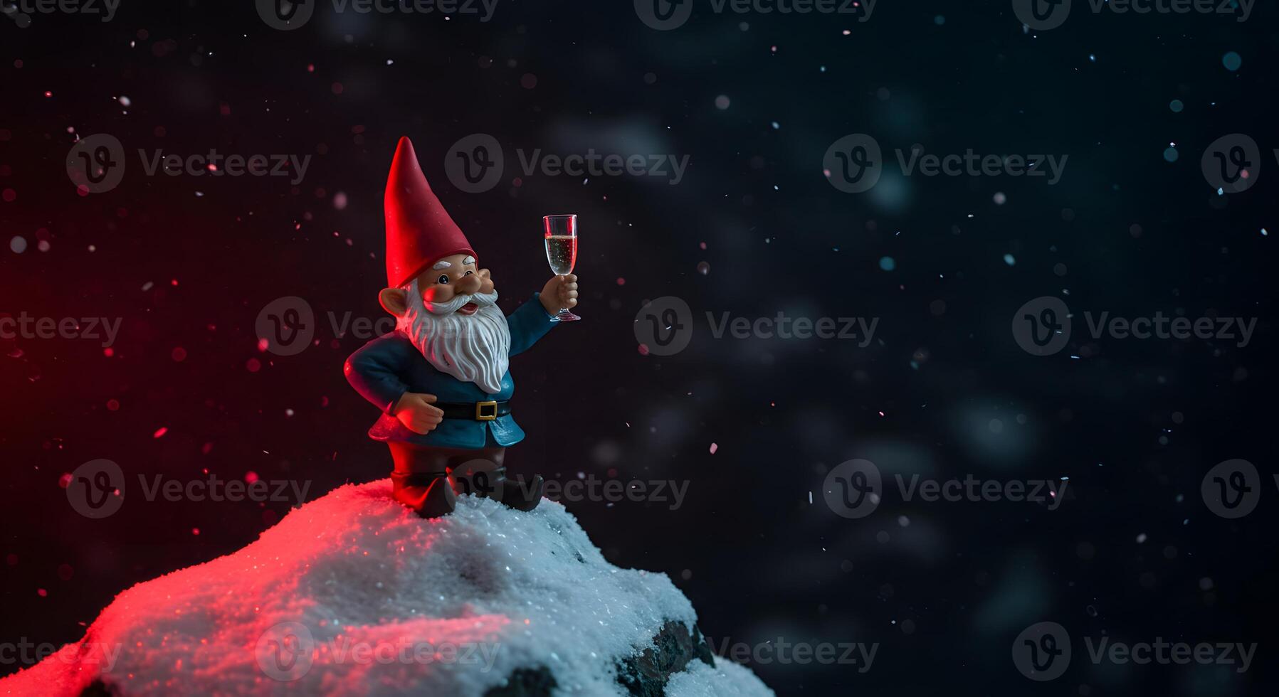 Gnome on top of snow covered mountain with red light photo