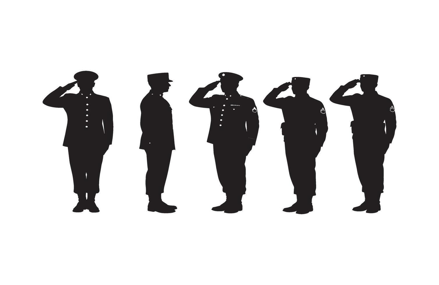 Silhouette of five military officers saluting in precise and formal positioning vector