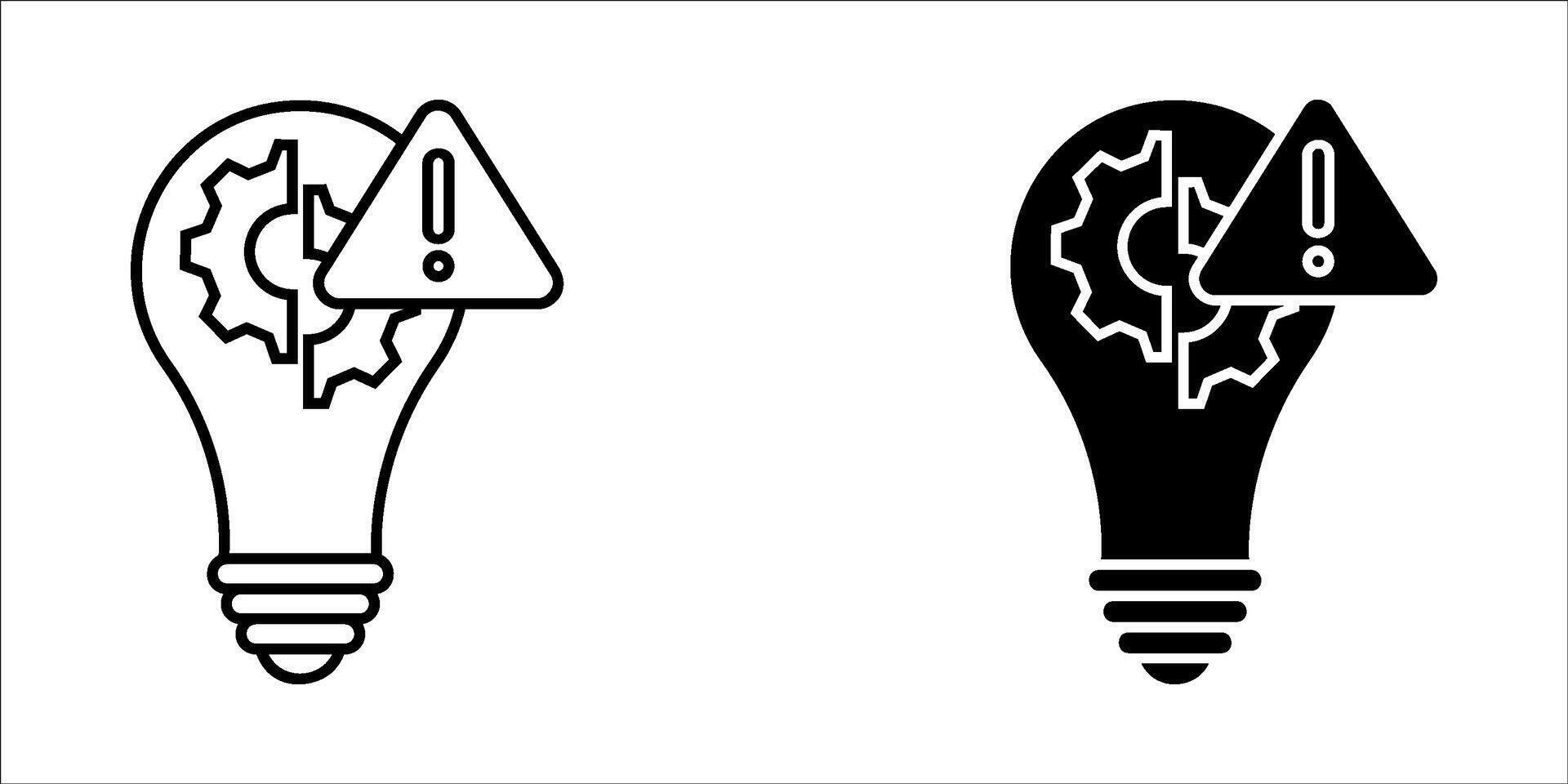 Set exclamation mark icon on light bulb. Light setting warning icon. Light bulb icon with exclamation mark. Electric arrow light. Idea icon vector
