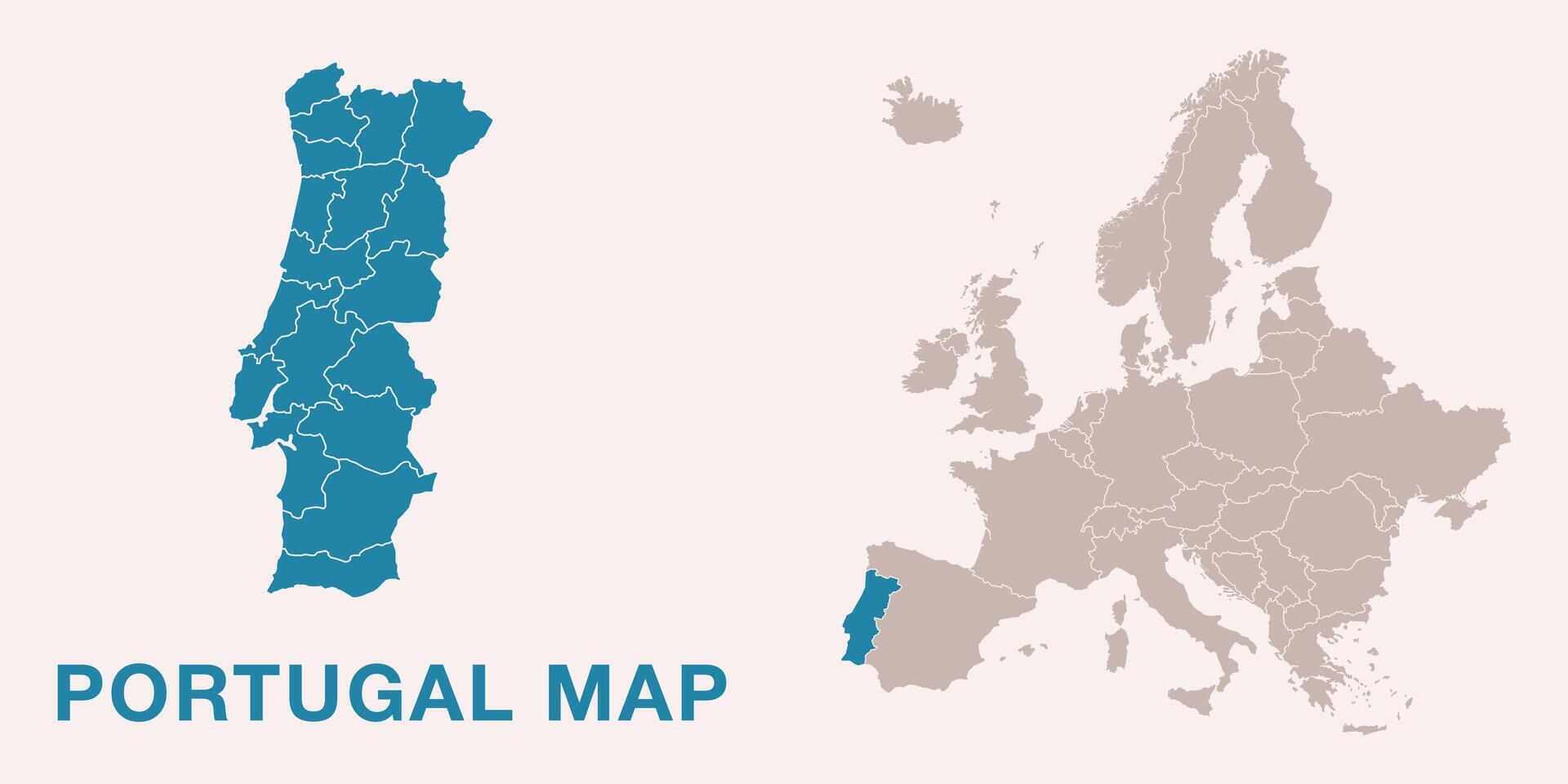 Map of Portugal with administrative divisions and highlighted position on Europe map. Isolated on white background illustration. vector