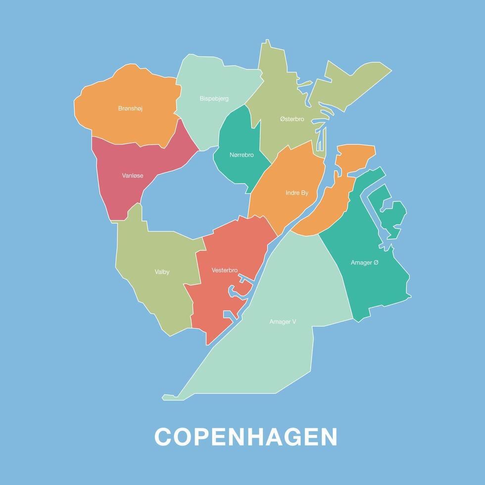 Colorful map of Copenhagen, Denmark with labeled administrative districts. Illustration isolated on blue background. vector