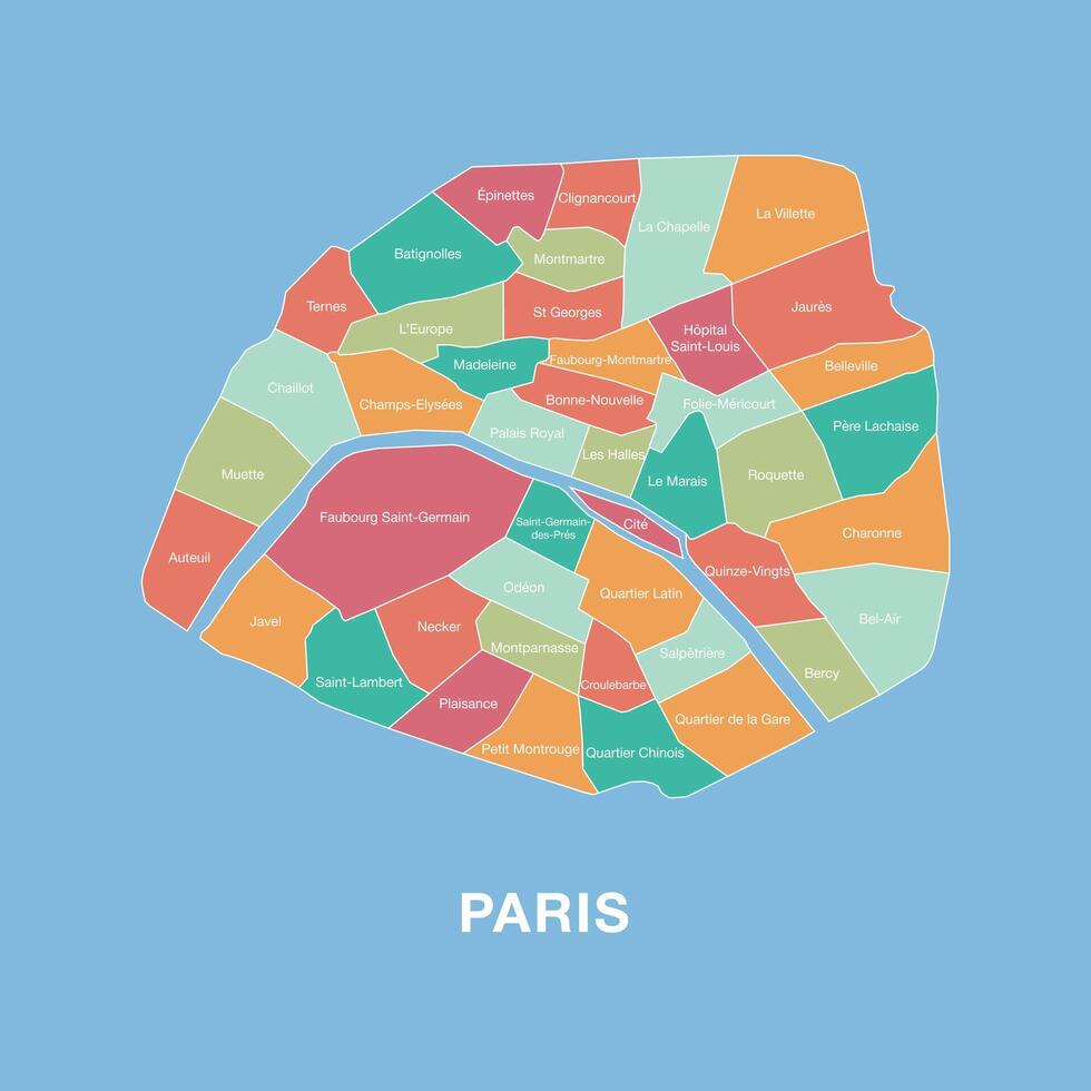 Colorful map of Paris, France with labeled administrative districts. Illustration isolated on blue background. vector