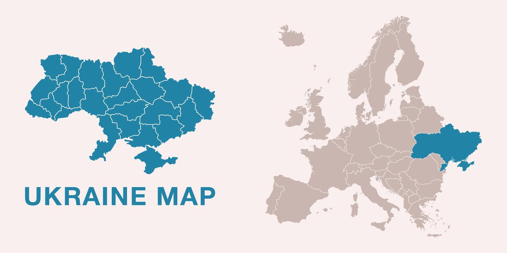 Map of Ukraine with administrative divisions and highlighted position on Europe map. Isolated on white background illustration. vector