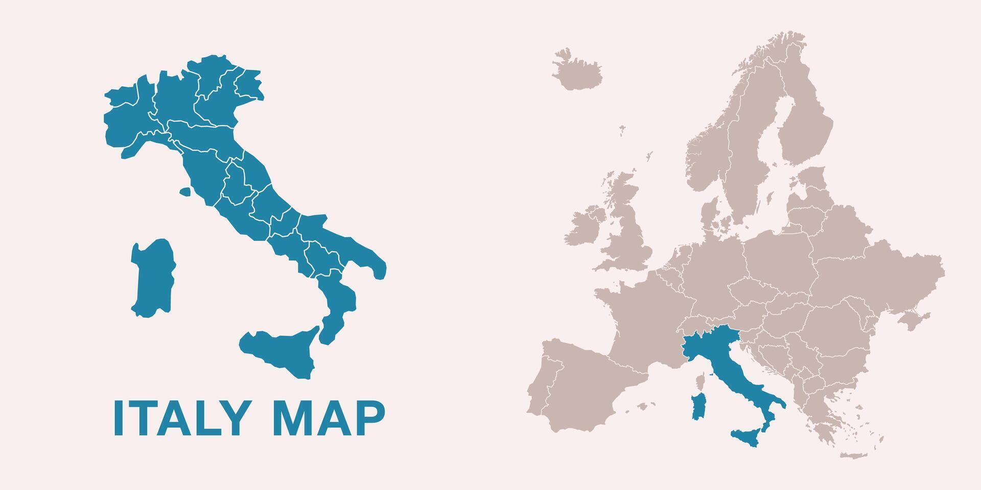 Map of Italy with administrative divisions and highlighted position on Europe map. Isolated on white background illustration vector