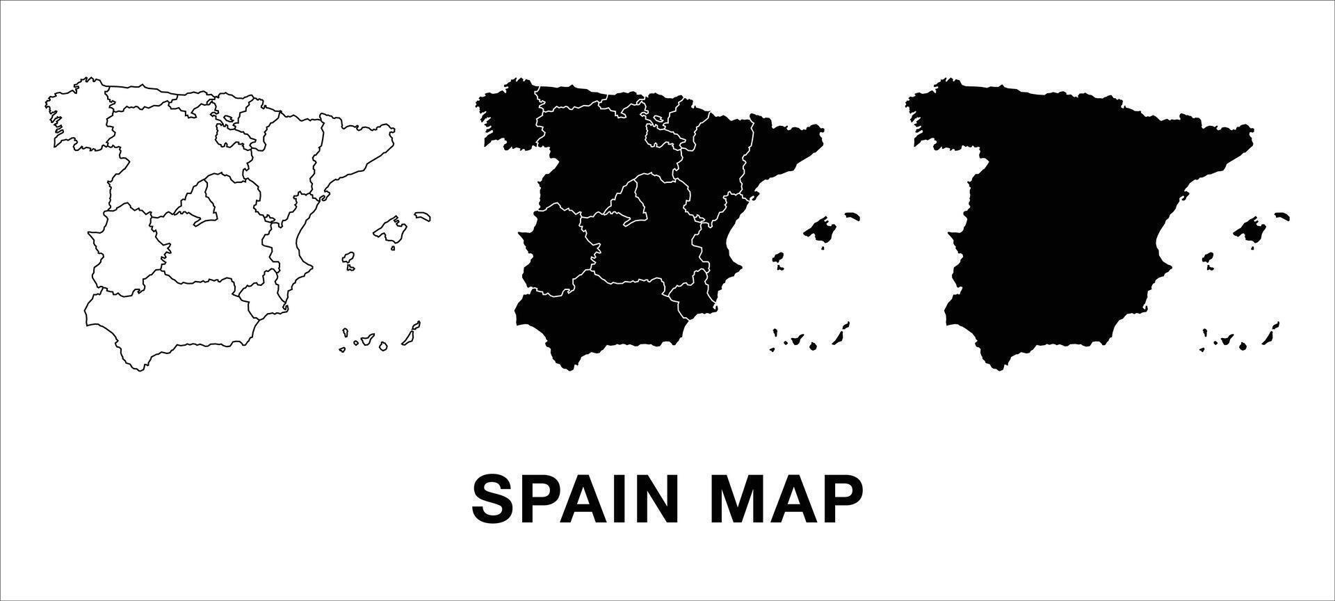 Spain map set with administrative divisions, outline, and silhouette. Editable for infographics, presentations, and educational use. vector