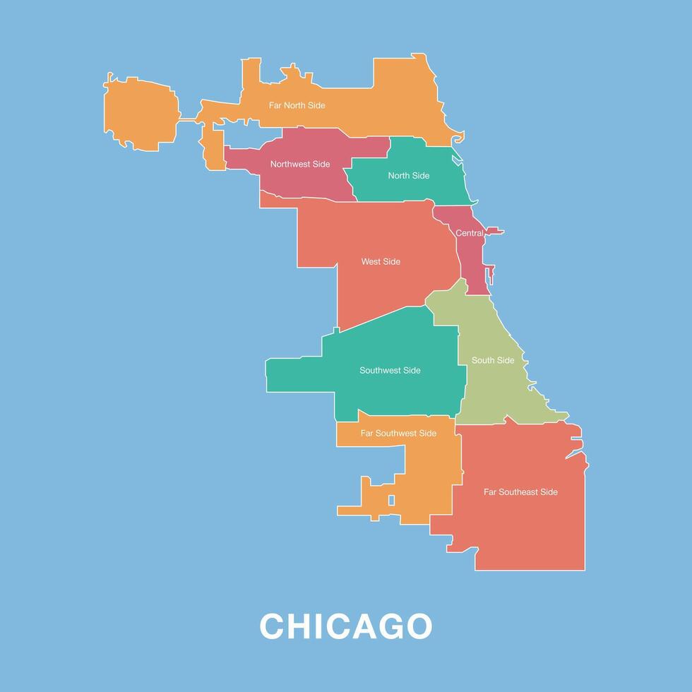 Colorful map of Chicago, United State with labeled administrative districts. Illustration isolated on blue background. vector