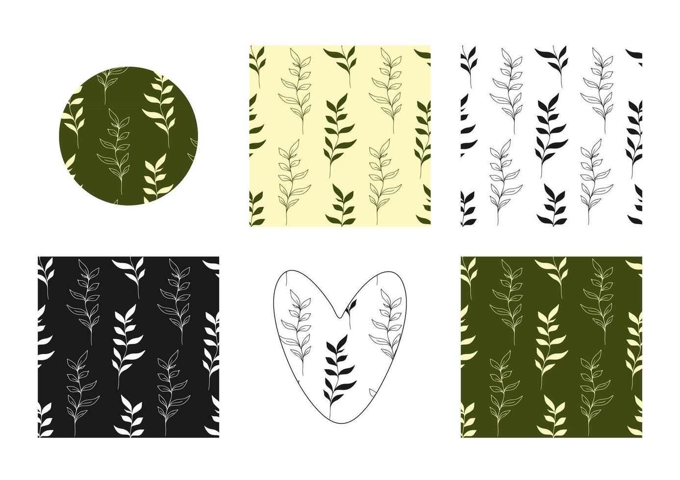Set of seamless patterns with hand drawn stems with leaves, silhouettes, herbs, grass and branches in various simple minimalistic designs vector
