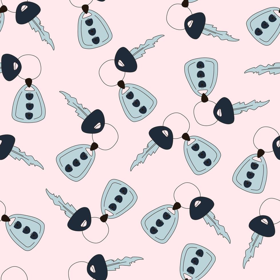 Seamless Pattern with car key with a keychain alarm. Hand drawn doodle car key with a keychain alarm. Car key remote control. Car Accessories vector