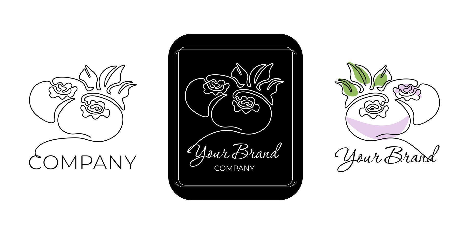 Set of minimalistic continuous line art of two blueberries with leaves for the logo in various designs. Blueberry in one line art style. Isolated on white background vector