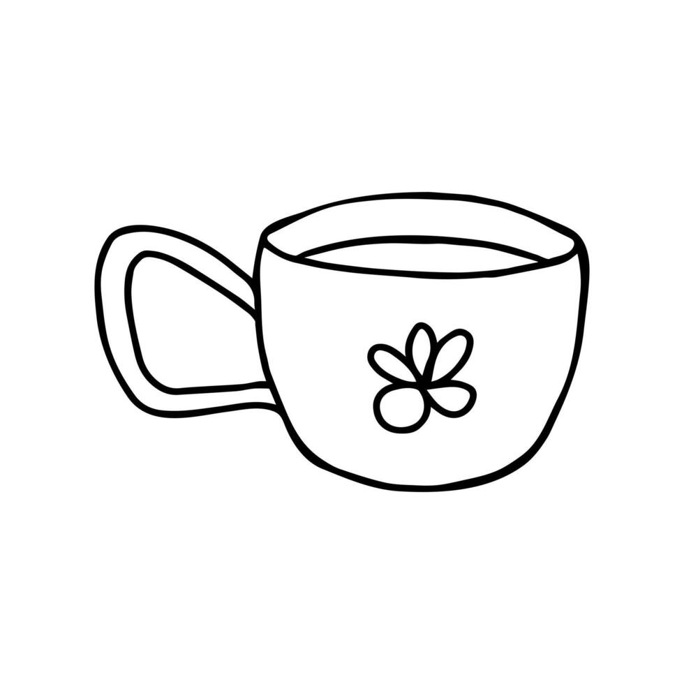 Hand drawn doodle hot drink cup with floral pattern. A mug of coffee or tea with flower. Isolated on white background vector