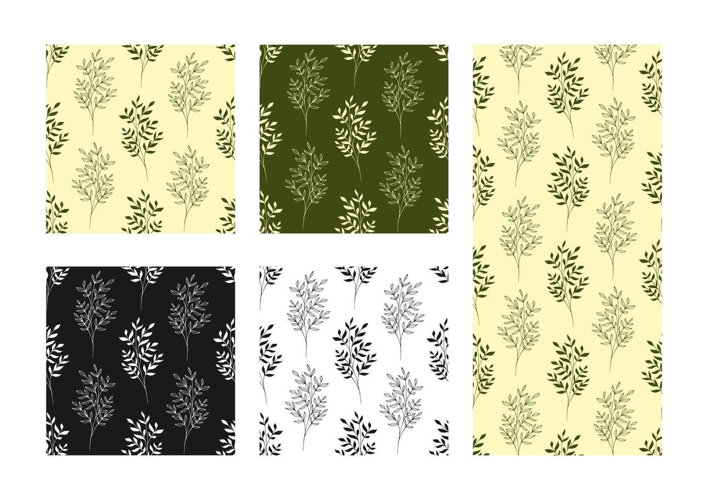 Set of seamless patterns of hand drawn stems with leaves, silhouettes, herbs, grass and branches in various simple minimalistic designs vector