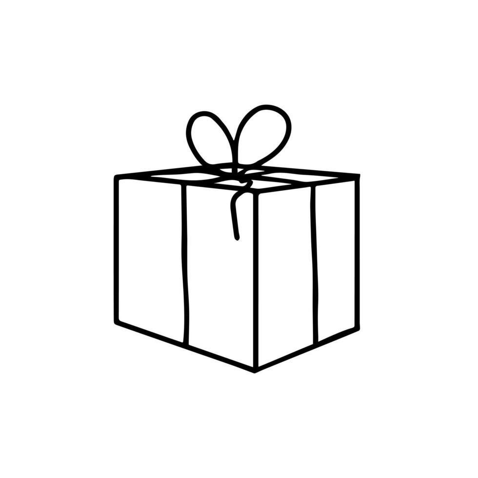 Hand drawn doodle simple gift box with ribbon. Isolated on white background vector