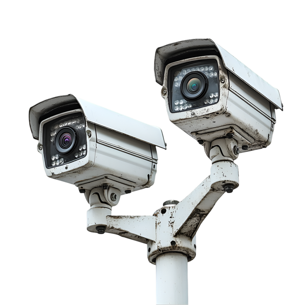 Two weathered security cameras mounted on a pole outdoor surveillance system png