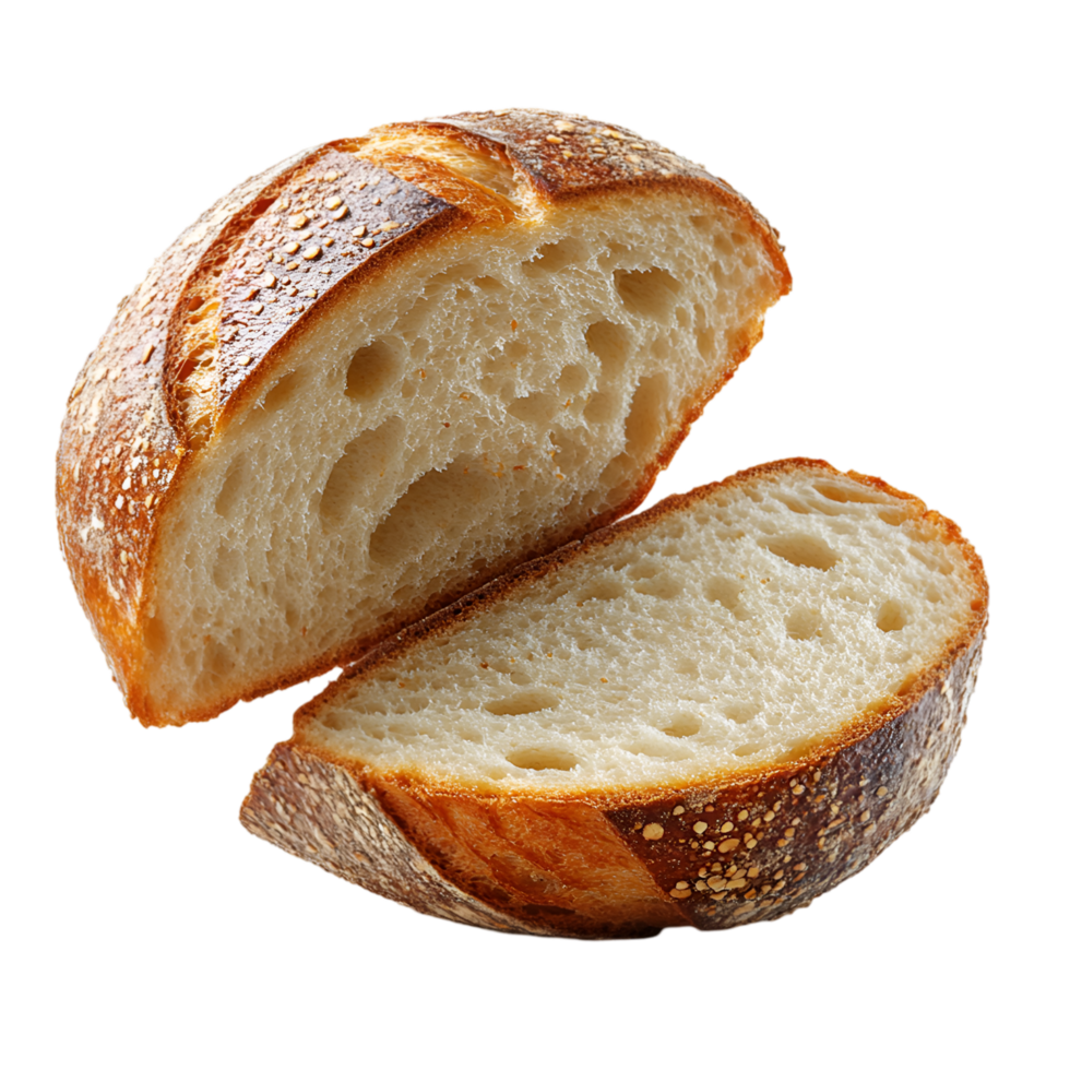 Delicious artisan bread sliced in half showing airy crumb texture golden crust png