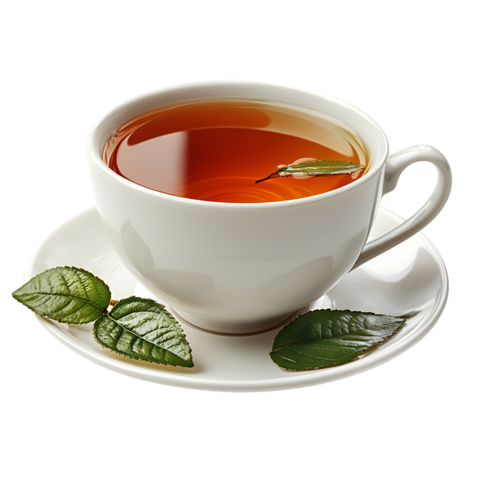 Aromatic Tea in White Cup Fresh Green Leaves Saucer, png