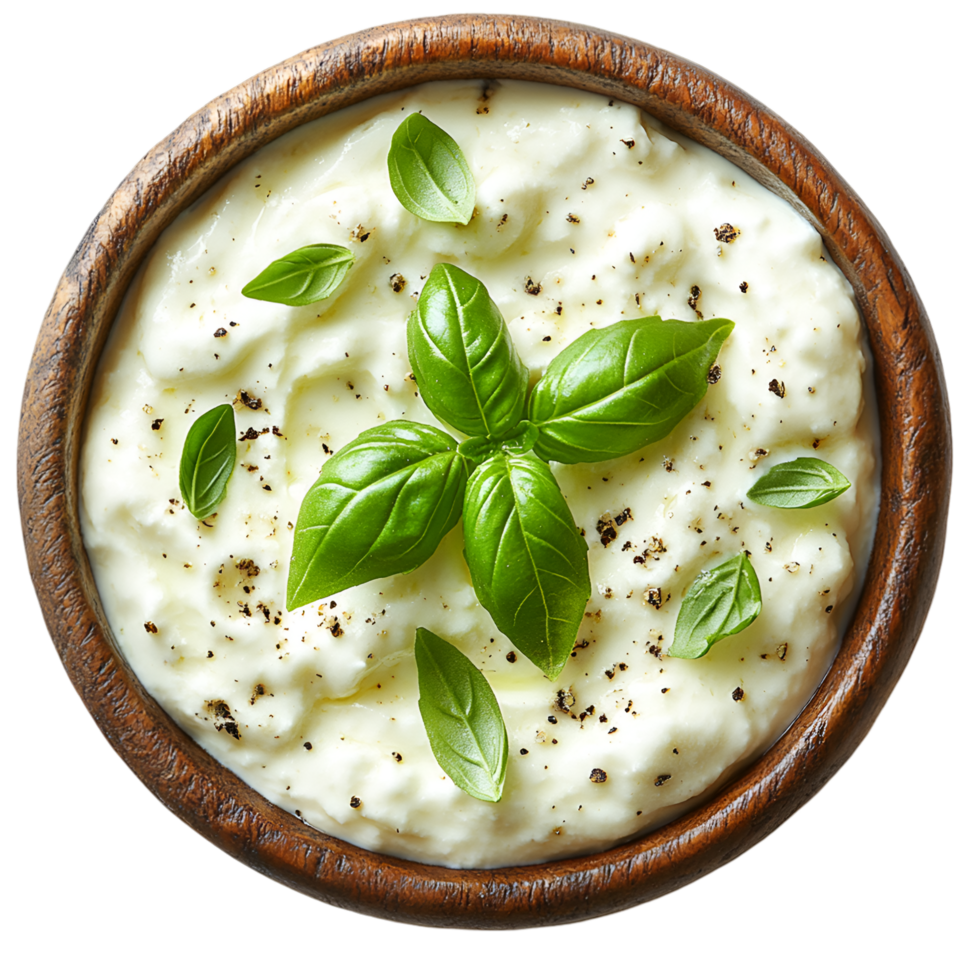 Creamy Ricotta Dip with Basil and Pepper in Wooden Bowl png