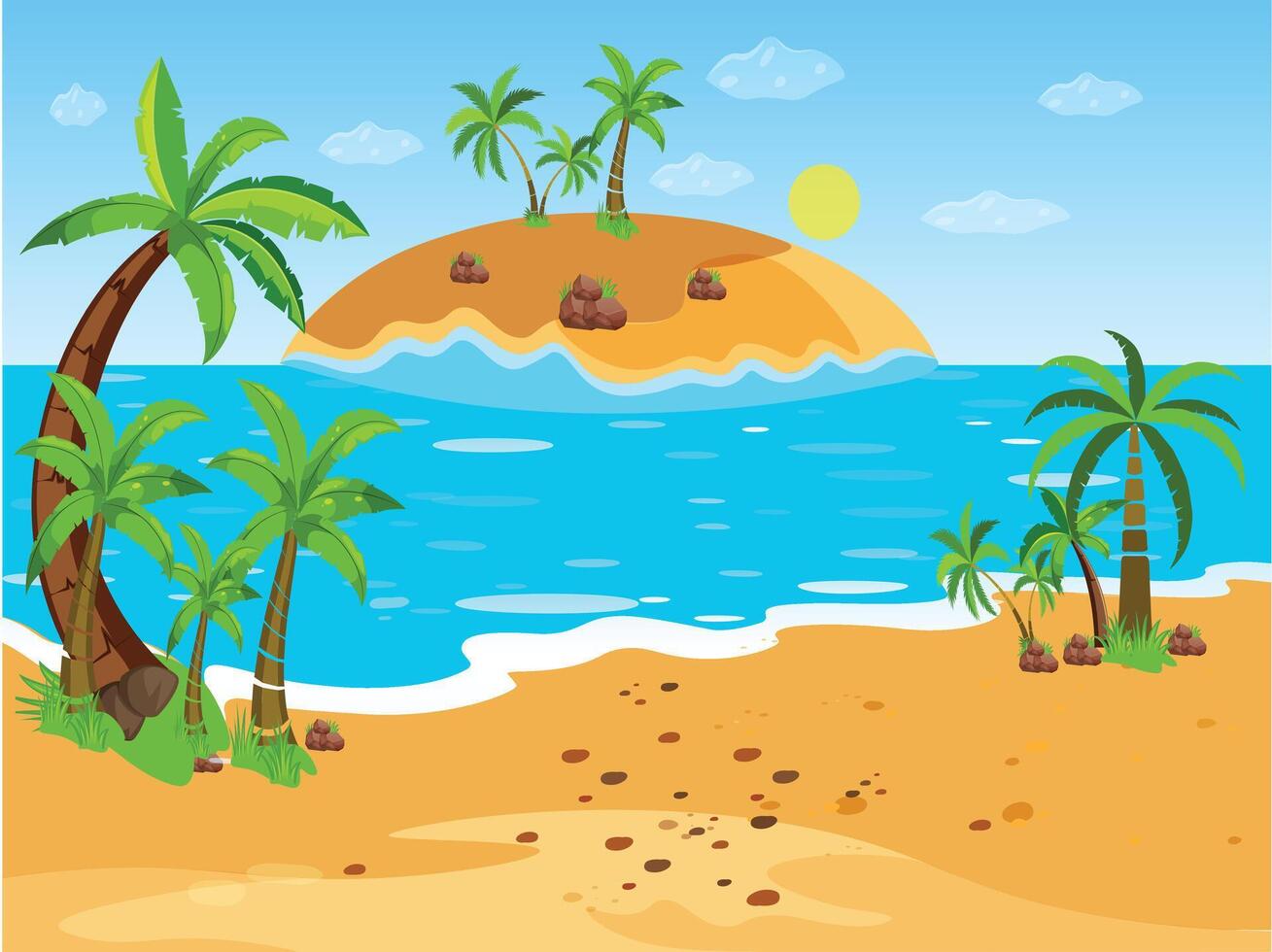 Sea beach illustration with palm trees and blue sky vector