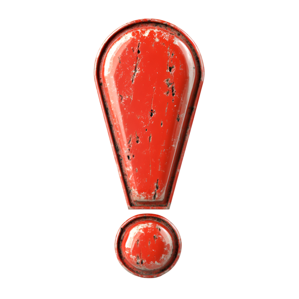 Red rusty exclamation mark metal sign warning danger alert, png