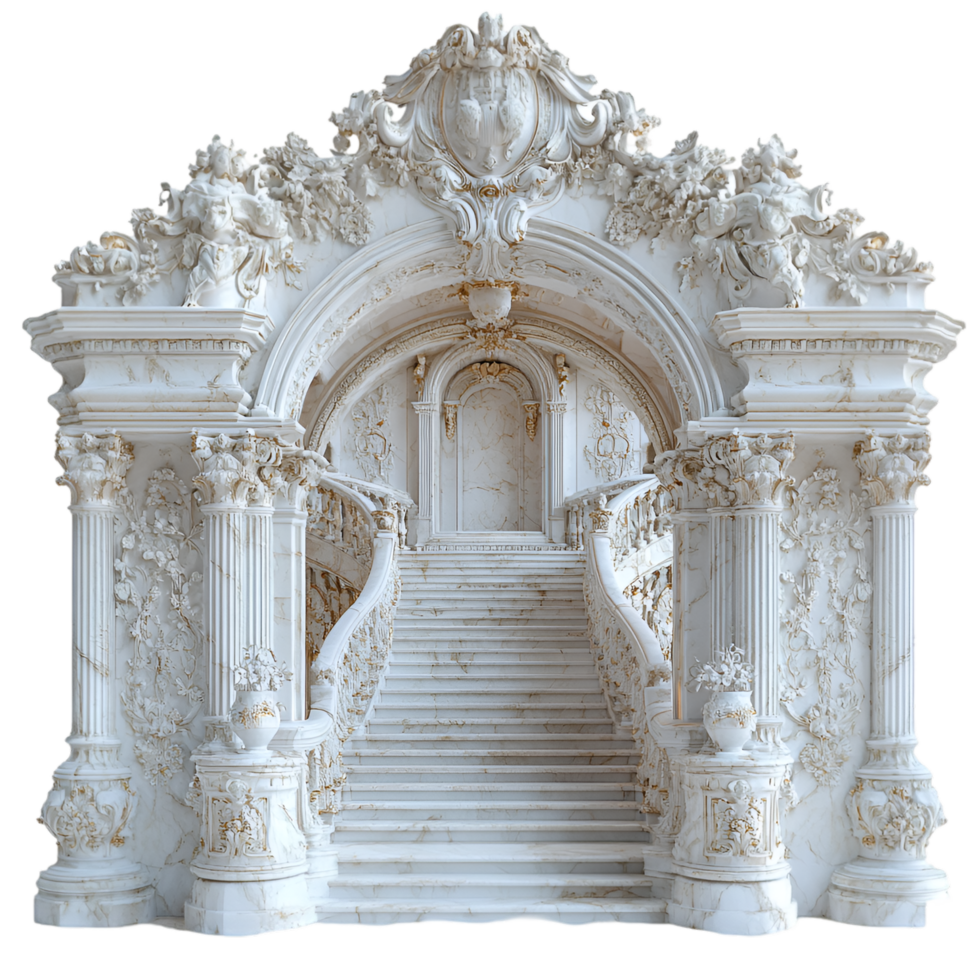 A white marble staircase with ornate designs png