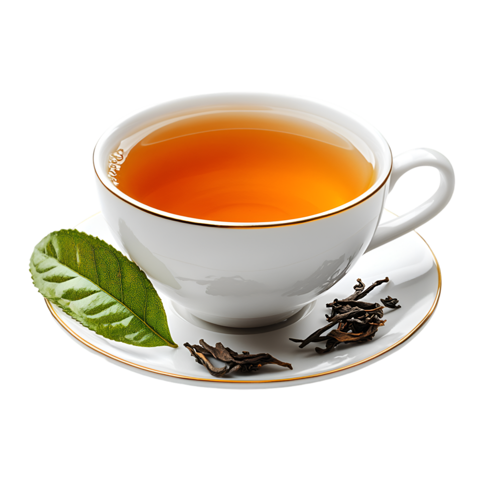 Aromatic Tea in White Cup with Leaves and Tea Buds, png