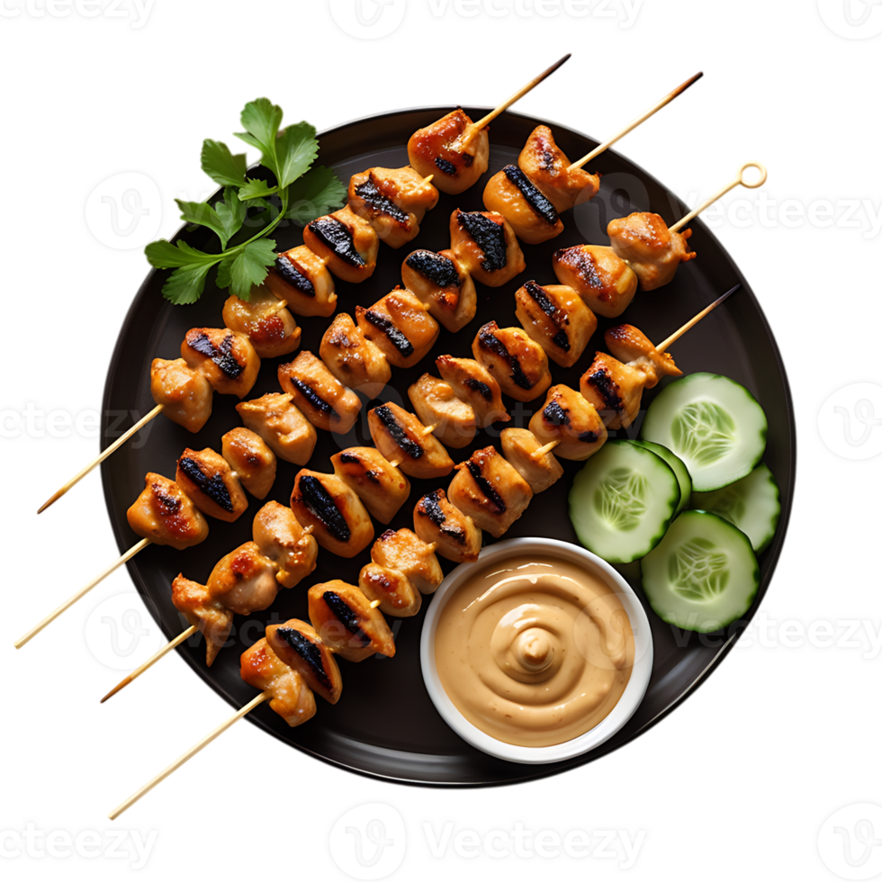 Chicken skewers with dipping sauce on a black plate png