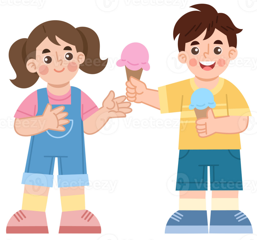 Illustration of a boy sharing ice cream with a cute girl png