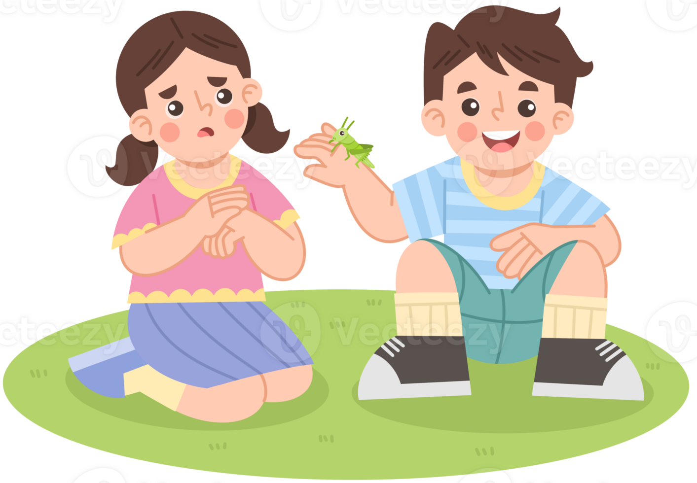 Illustration of Children Playing on Grass with Insect png