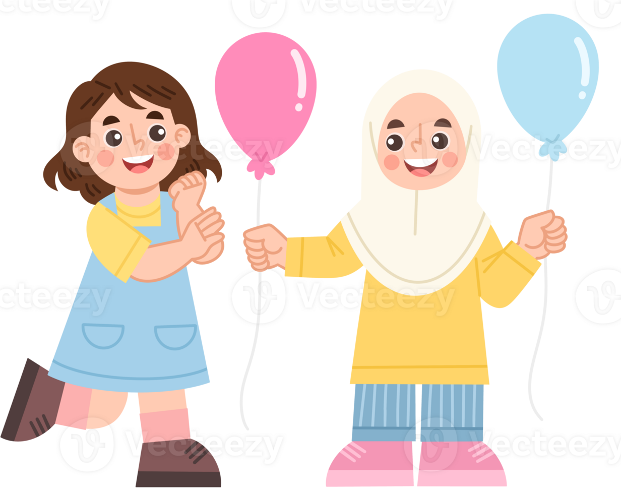Illustration of a cheerful girl sharing balloons png
