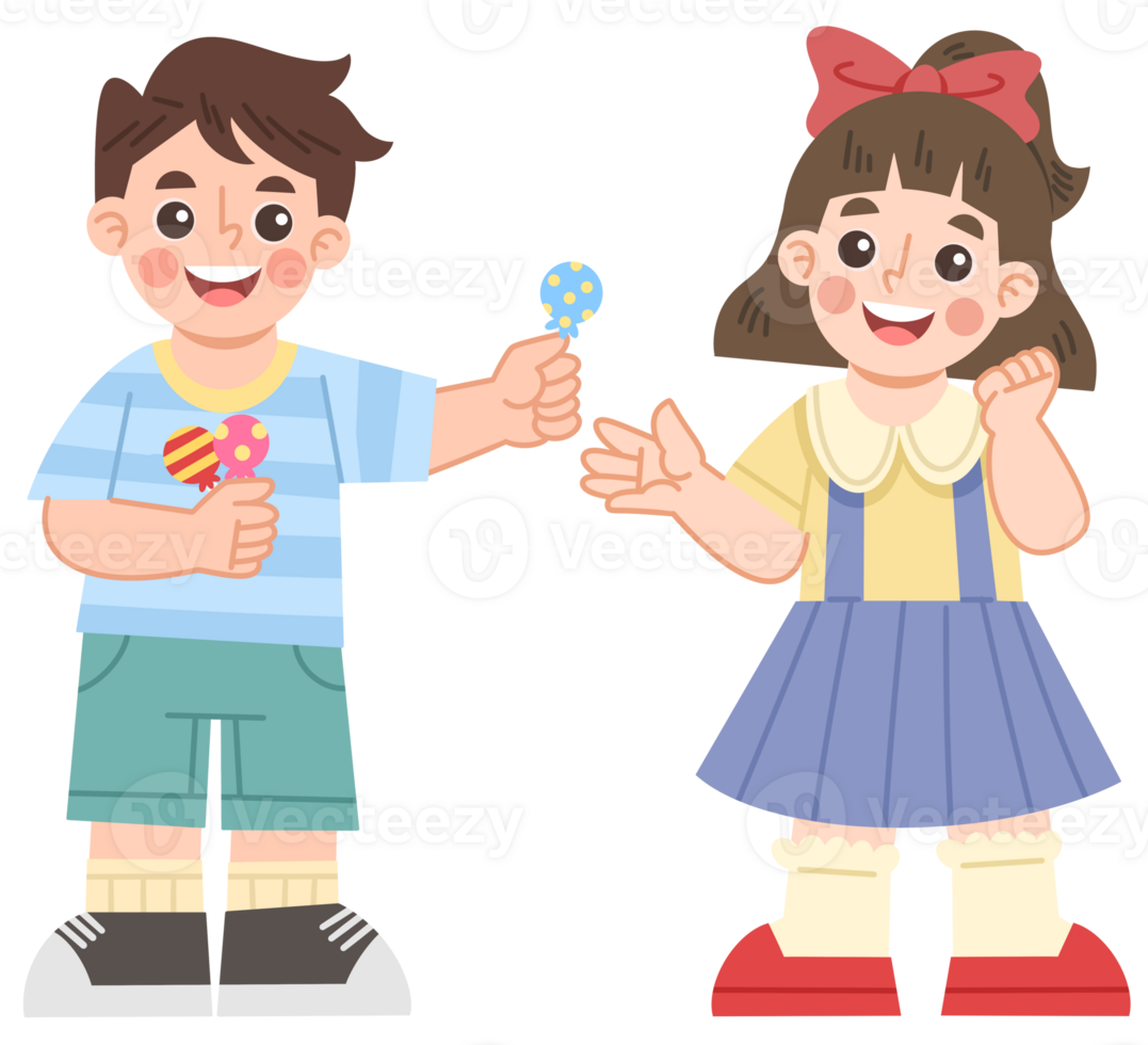 Illustration of a boy sharing candy with a little girl png