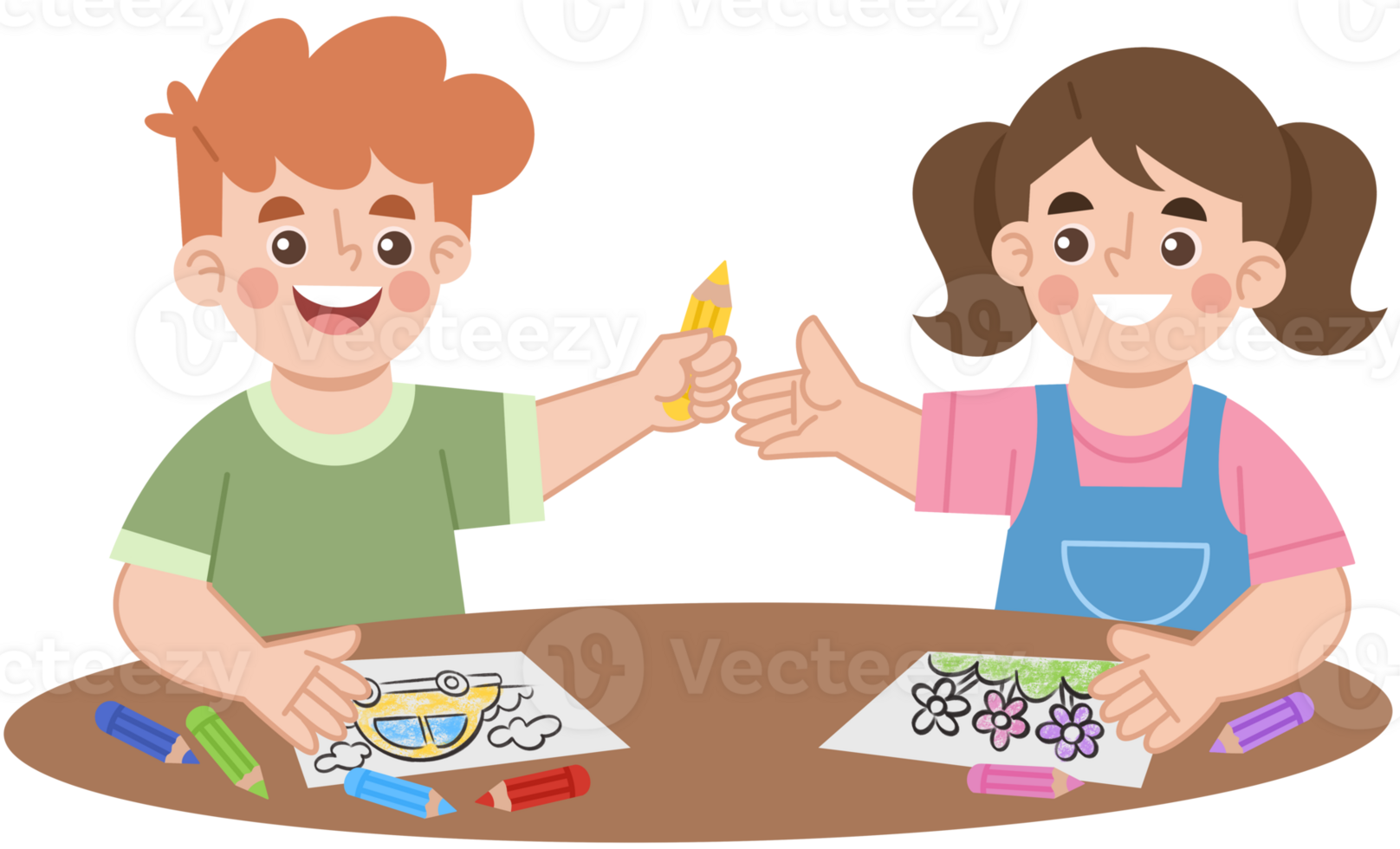 Illustration of a boy sharing colored pencils with a girl friend png