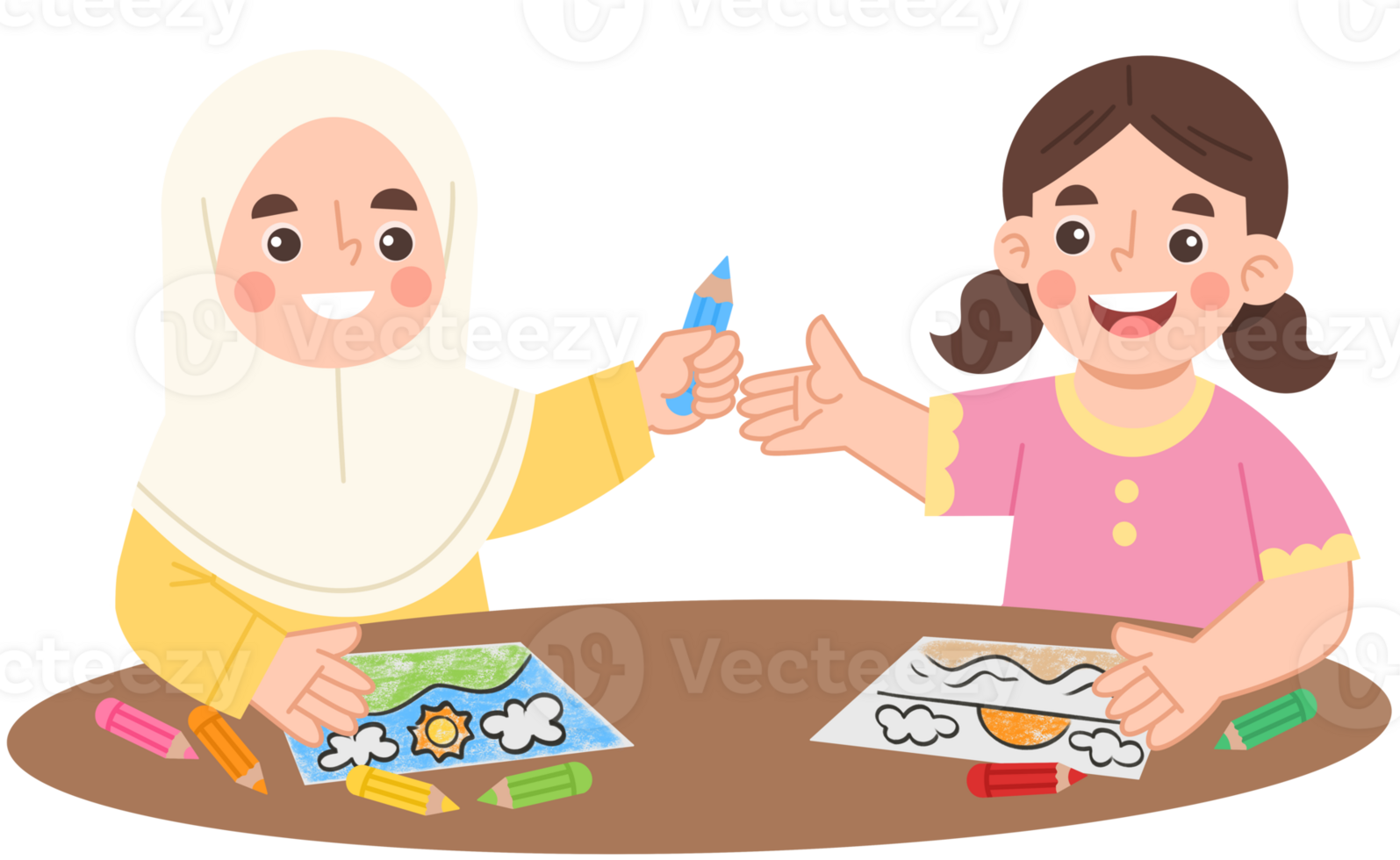 Illustration of a girl sharing coloring with a friend png