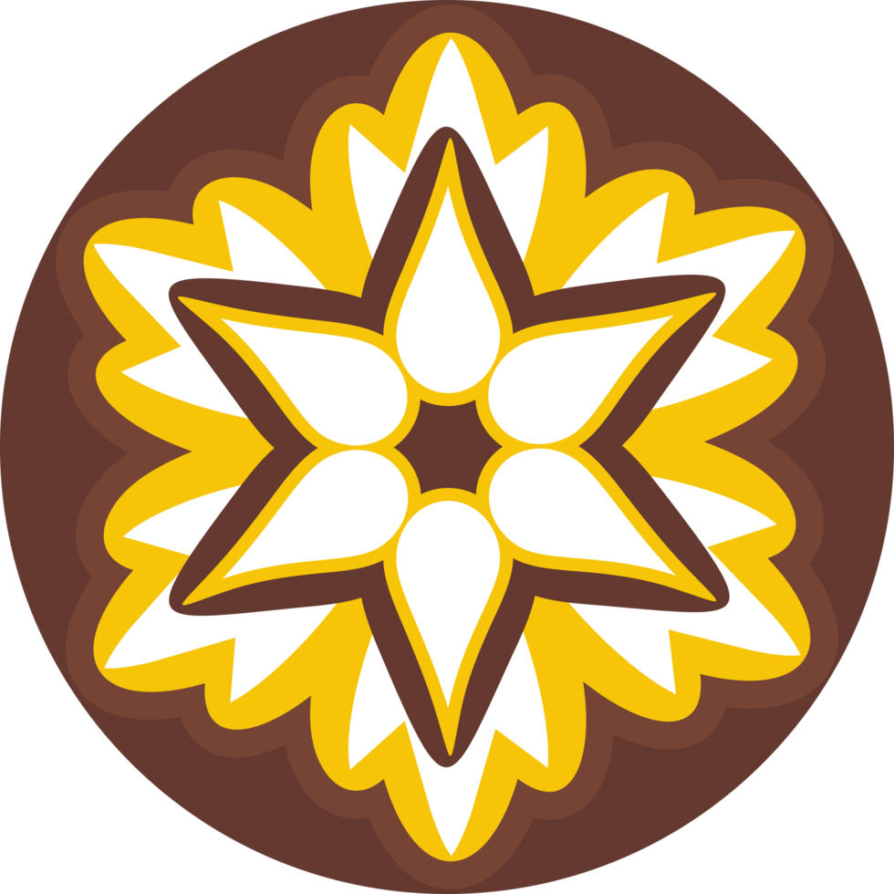 A brown and yellow star with a flower in the center png