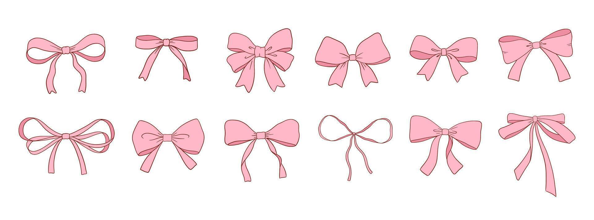 Coquette vintage bow drawings isolated on white, cute pink ribbons set vector