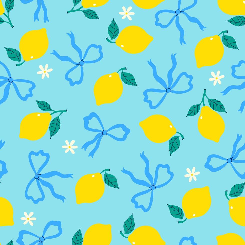 Seamless pattern with lemons and blue bows. graphics. vector