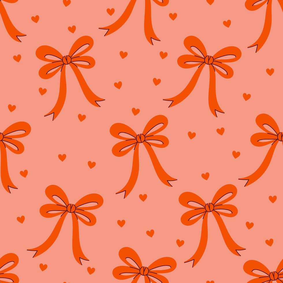 Seamless pattern with red bows and hearts. graphics. vector