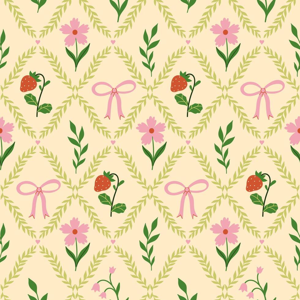Seamless pattern with rhombuses, bows, flowers, strawberries. graphics. vector