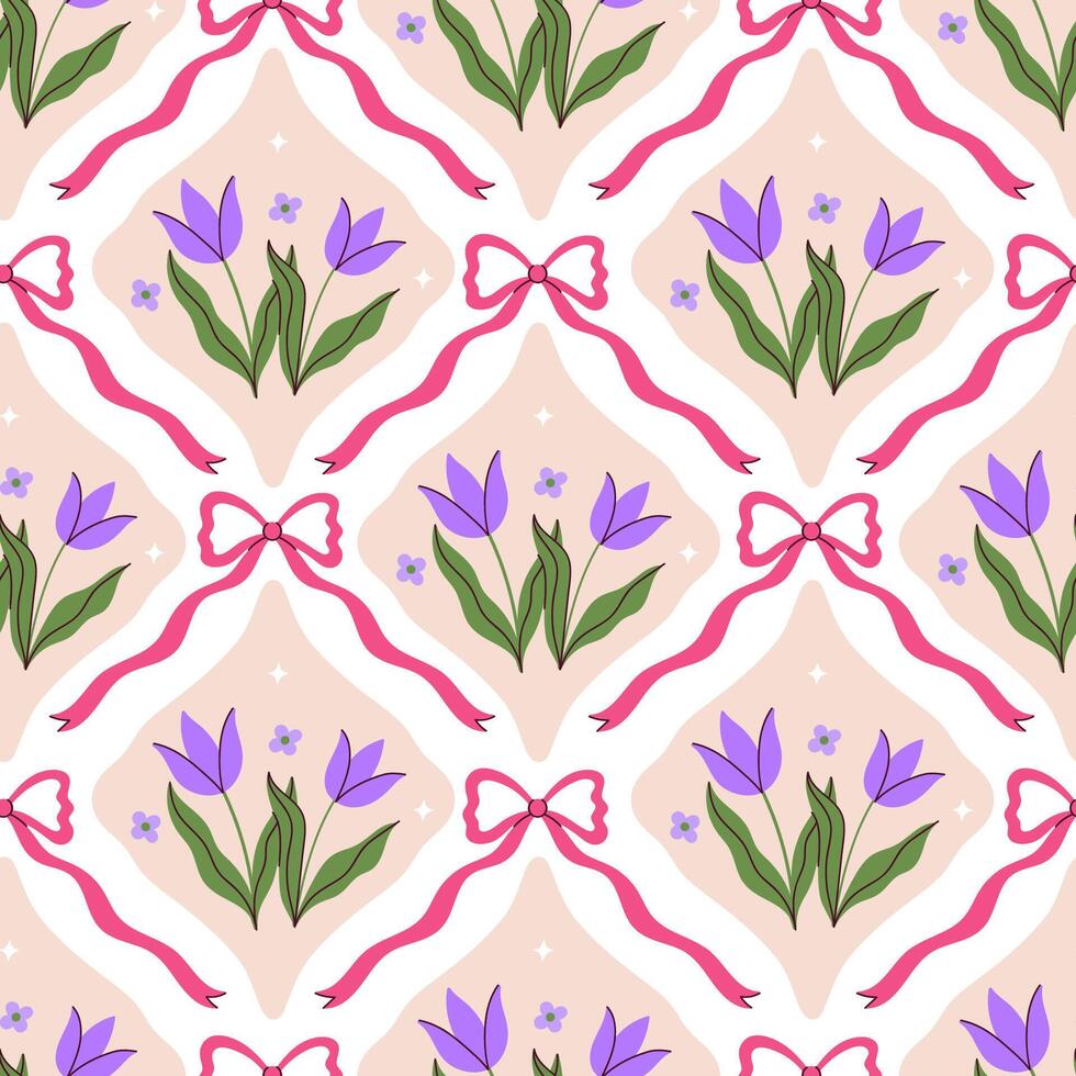 Seamless pattern with purple flowers and pink bows. graphics. vector